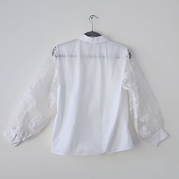 Zara White Organza Appliques Balloon Sleeves Button Down Shirt M (15) - Picture 9 of 10
